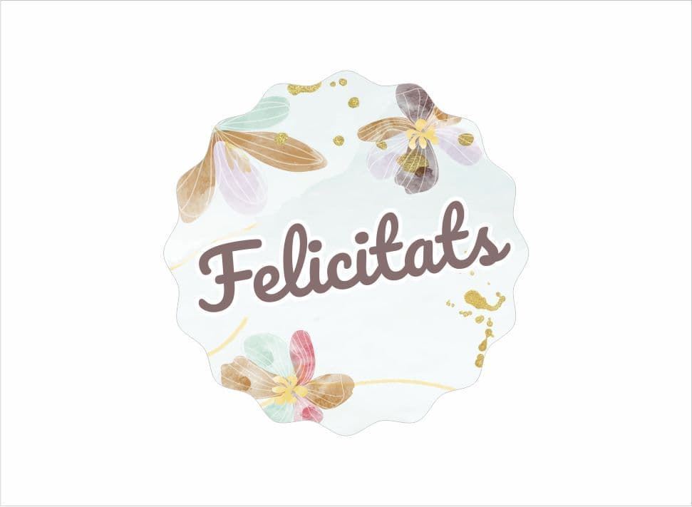 R014 - Etiquetas en catalán "Felicitats" Flores ondas - Rollo de 250 ud - 42 mm Ø - Imagen 2