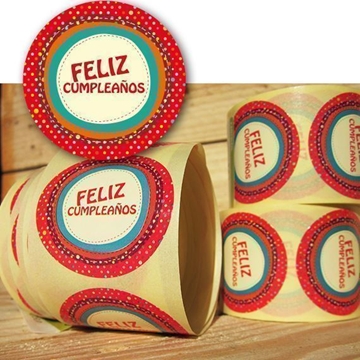 R019 - Pegatinas Feliz Cumpleaños - Rollo de 250 ud - 35 mm Ø - Imagen 1