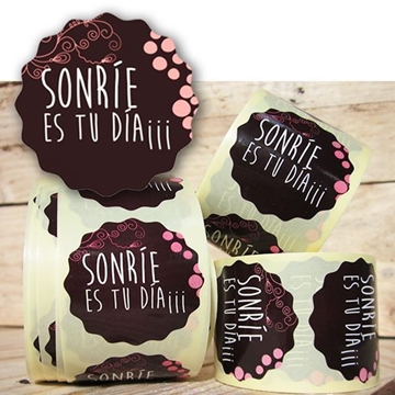 R021 - Etiqueta Sonríe es tu Día - Rollo de 250 ud -  42 mm Ø ondas - Imagen 1